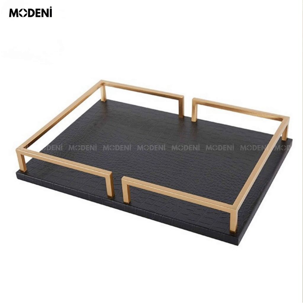 Khay Joyce Da Đen – Decor Cao Cấp Hiện Đại – Chống Trượt, Khung Kim Loại – Trang Trí Bàn Sofa, Phòng Khách