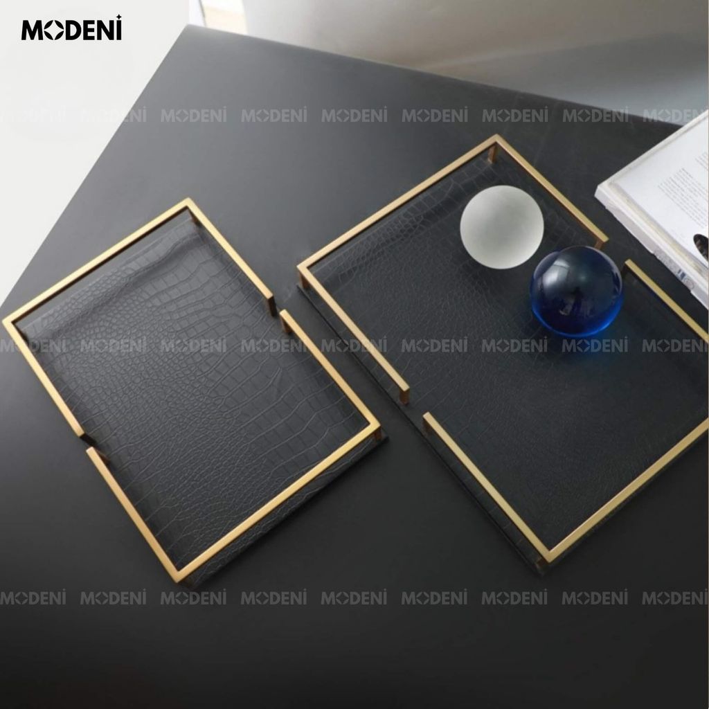 Khay Joyce Da Đen – Decor Cao Cấp Hiện Đại – Chống Trượt, Khung Kim Loại – Trang Trí Bàn Sofa, Phòng Khách