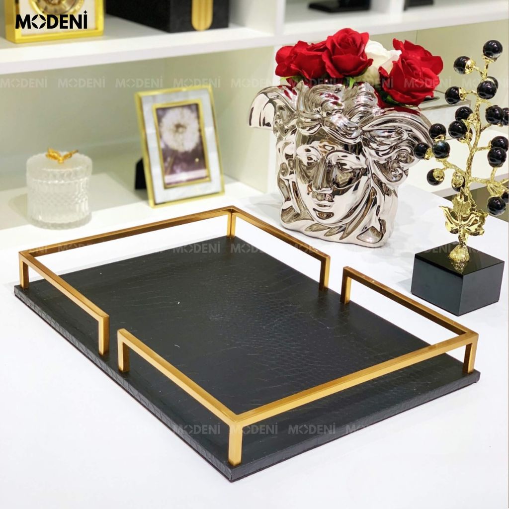 Khay Joyce Da Đen – Decor Cao Cấp Hiện Đại – Chống Trượt, Khung Kim Loại – Trang Trí Bàn Sofa, Phòng Khách