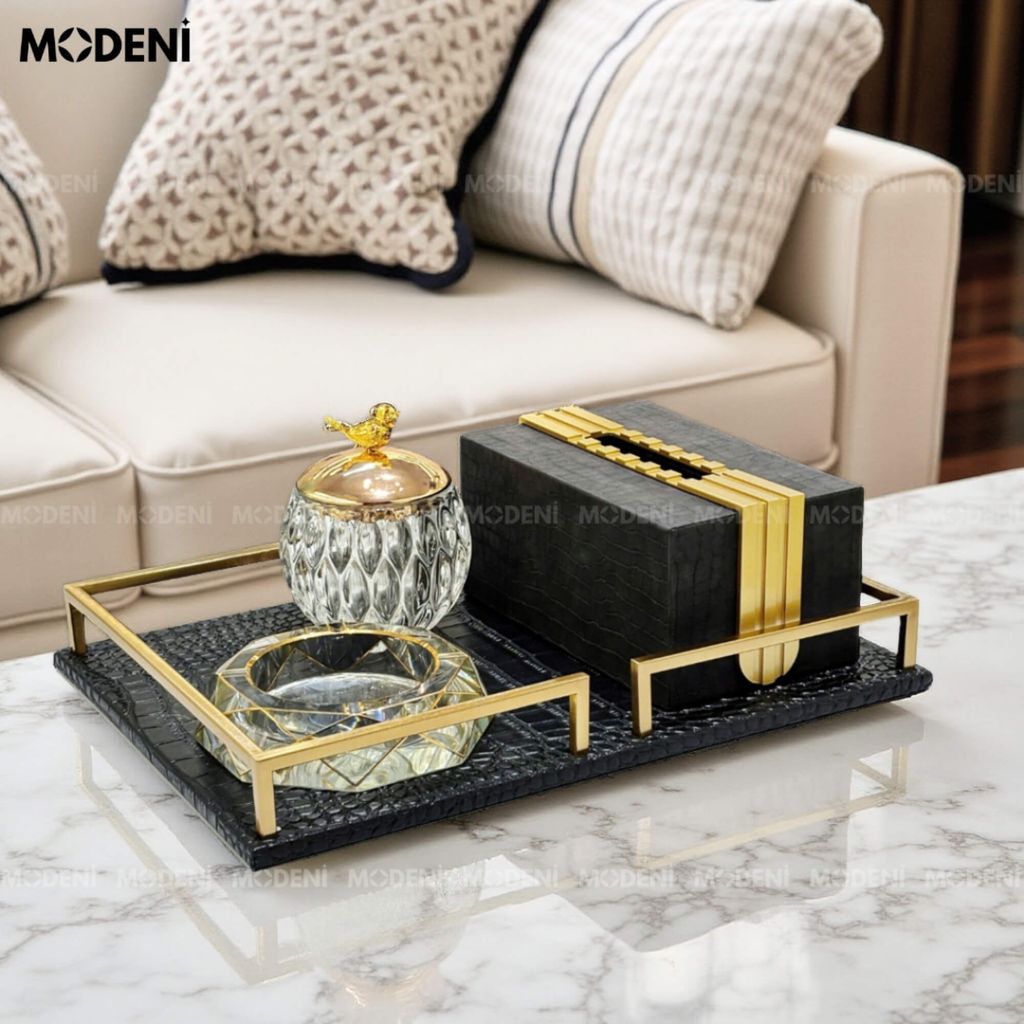Khay Joyce Da Đen – Decor Cao Cấp Hiện Đại – Chống Trượt, Khung Kim Loại – Trang Trí Bàn Sofa, Phòng Khách