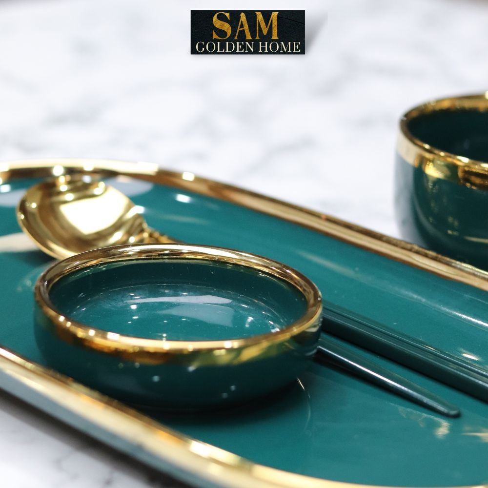 Tô Chén Dĩa Hàn Quốc Gốm Sứ Cao Cấp Emerald Xanh Lục Bảo Viền Gold Xanh Cổ Vịt Sang Trọng
