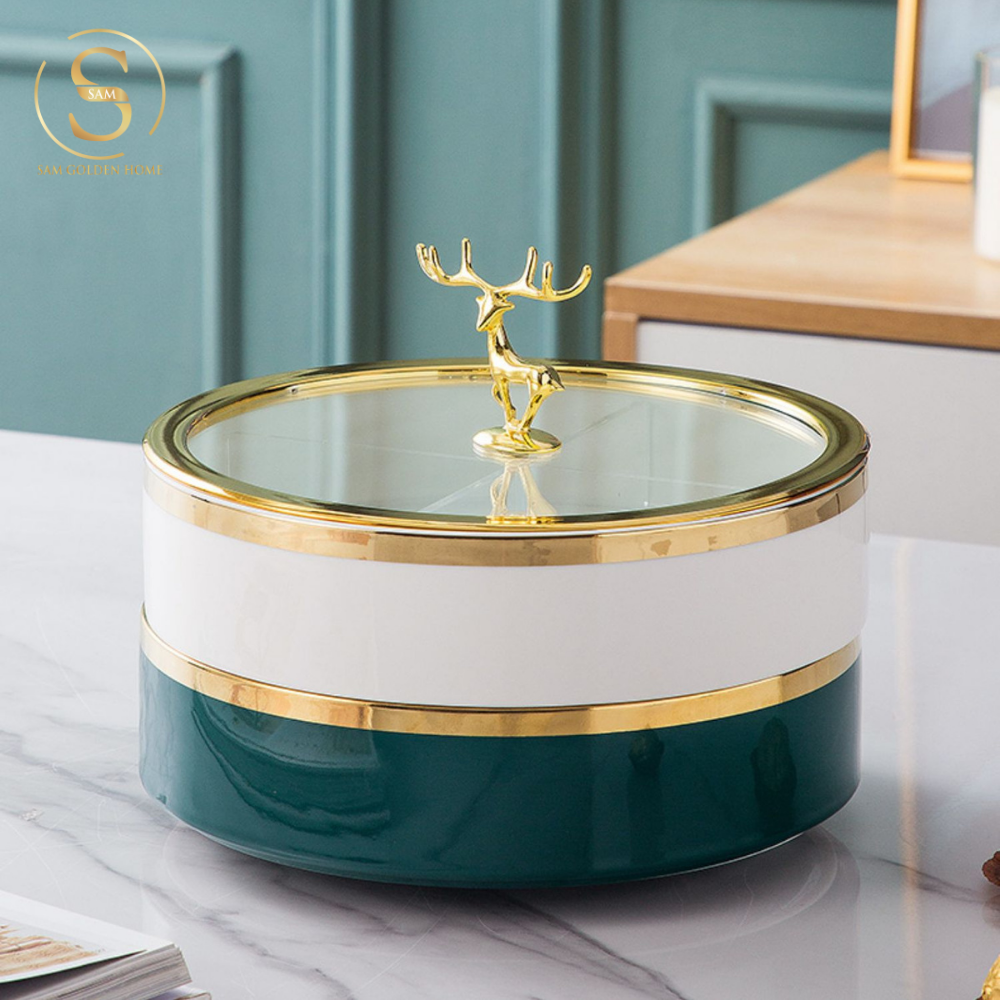 Khay Mứt Tết Velvet Emerald Sứ Xương Cao Cấp – Viền Vàng Nắp Kính Con Nai Gold – Đựng Mứt, Bánh Kẹo, Hạt Khô Sang Trọng Decor Bàn Tiệc Tết Hiện Đại