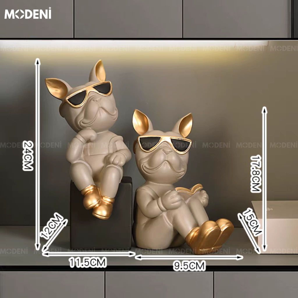 Chặn Sách & Tượng Chó Bulldog Duo Xám – Tượng Decor Con Vật Hiện Đại – Kiêm Chặn Sách Mini Cá Tính Cho Kệ Tủ, Tủ Sách