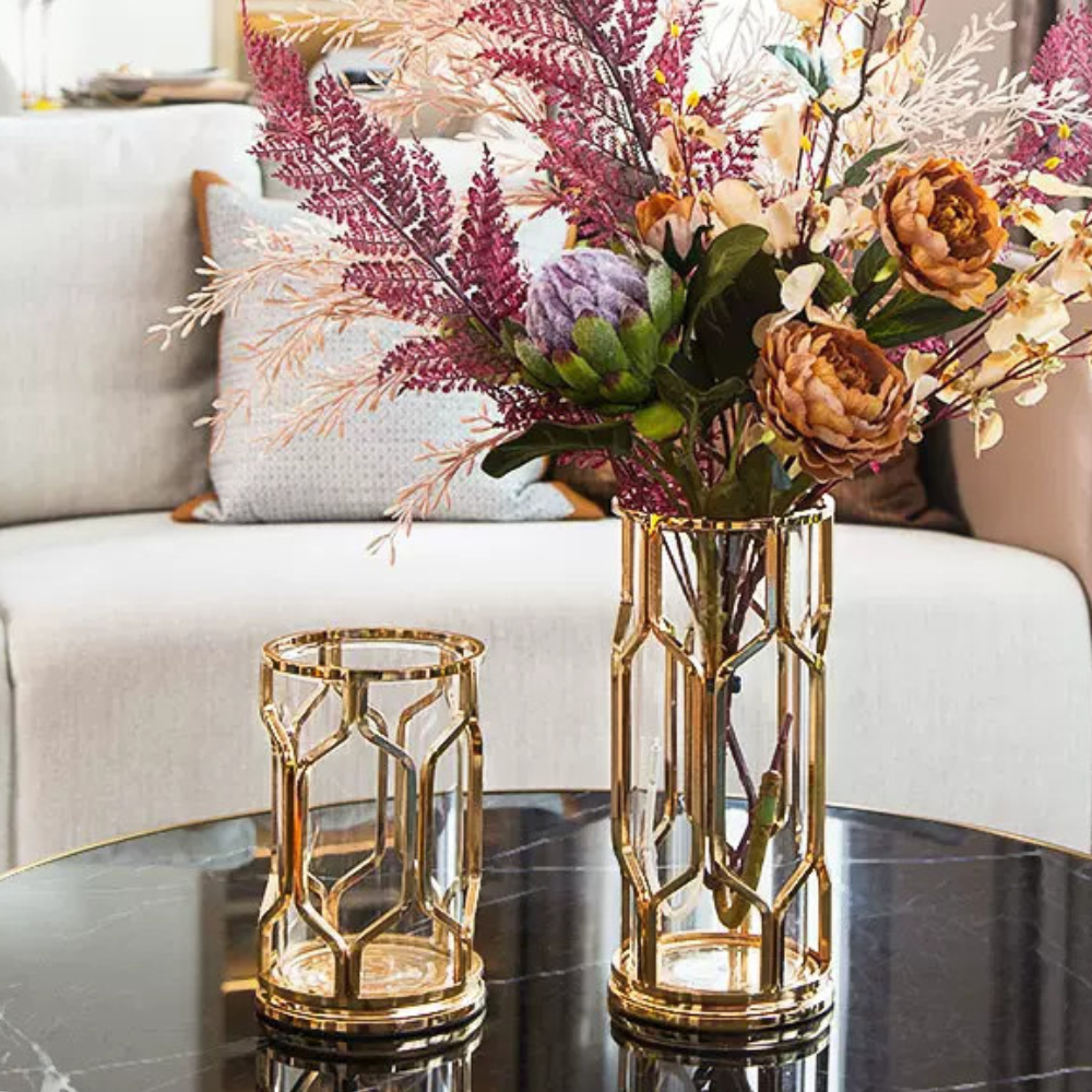 Hexagon Gold – Bình Hoa Thủy Tinh Lục Giác Ánh Vàng Hiện Đại Sang Trọng Cho Bàn Sofa & Console