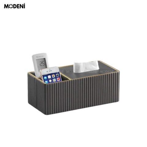 Hộp khăn giấy Donna da PU cao cấp vân sọc tinh tế đặt trên bàn phòng khách sang trọng.