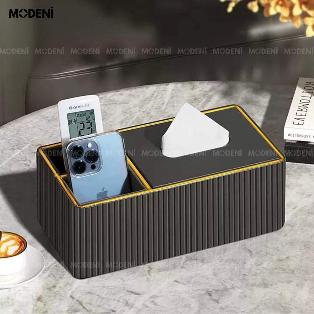 Hộp Khăn Giấy Donna Đen Cao Cấp – Tích Hợp Ngăn Đựng, Thiết Kế Sọc Dọc Sang Trọng Cho Bàn Sofa Hiện Đại