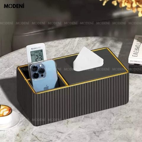 Hộp khăn giấy Donna da PU cao cấp vân sọc tinh tế đặt trên bàn phòng khách sang trọng.