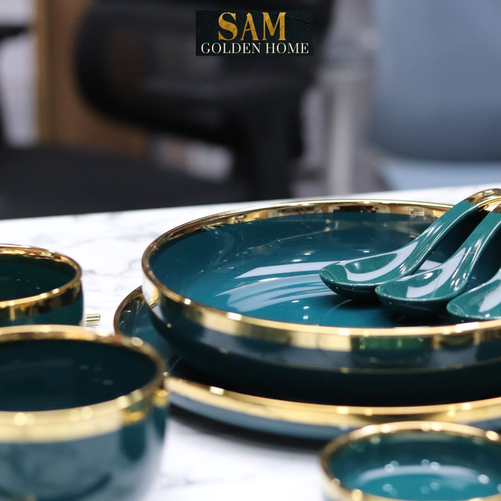 Tô Chén Dĩa Hàn Quốc Gốm Sứ Cao Cấp Emerald Xanh Lục Bảo Viền Gold Xanh Cổ Vịt Sang Trọng