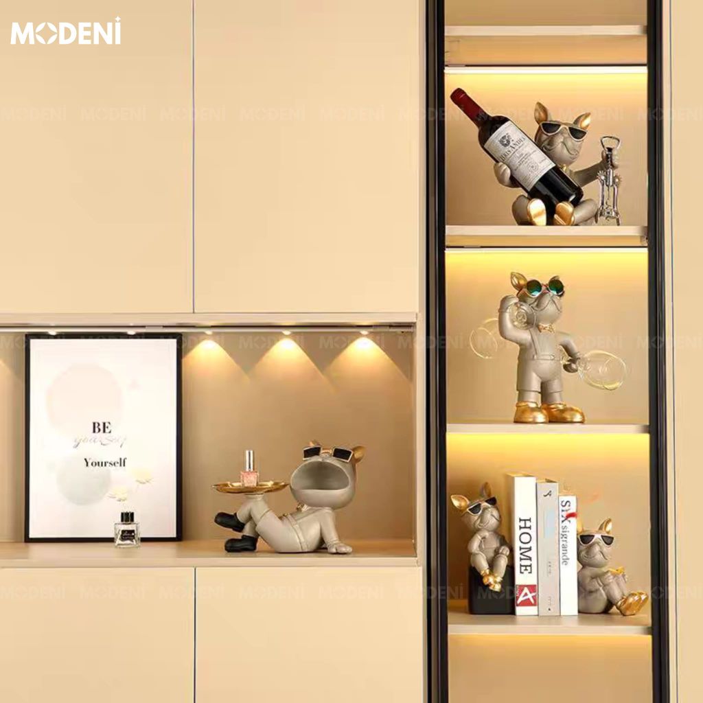 Chặn Sách & Tượng Chó Bulldog Duo Xám – Tượng Decor Con Vật Hiện Đại – Kiêm Chặn Sách Mini Cá Tính Cho Kệ Tủ, Tủ Sách