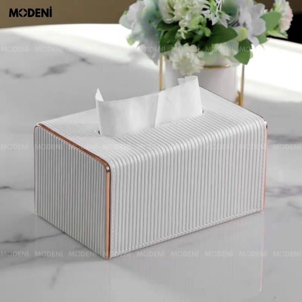 Hộp Khăn Sofie Nordic White – Nhựa Vân Sọc, Nắp Trượt Viền Mạ Vàng Ánh Kim