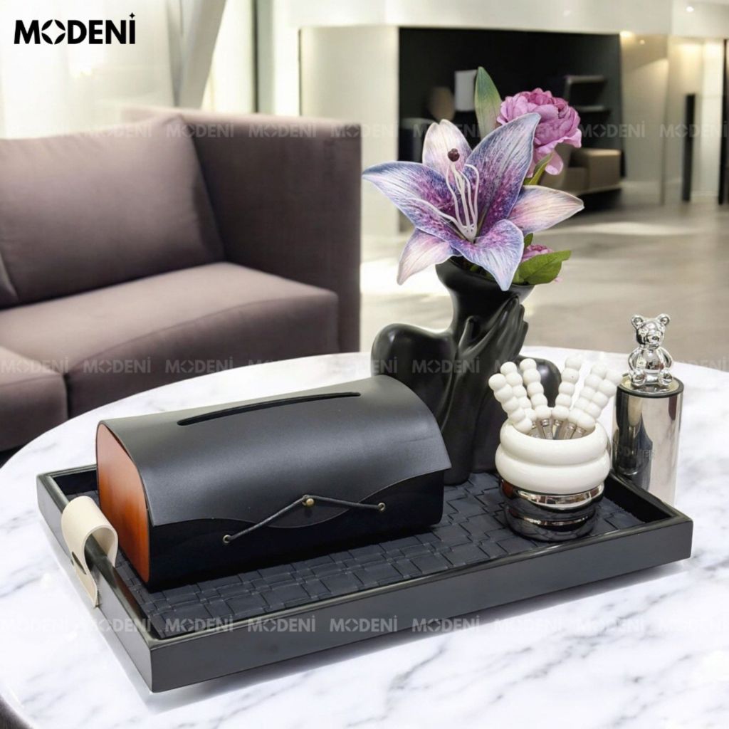 Khay Chữ Nhật Keva Đen Cao Cấp – Tay Cầm Kem Lạ Mắt - Khay Decor Bàn Sofa Sang Trọng