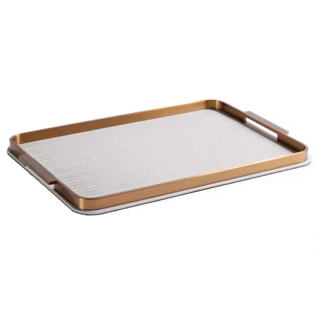 Khay Chữ Nhật Elme Xám – Khay Decor Sang Trọng Cao Cấp – Tay Cầm Mạ Vàng, Bề Mặt Vải Dệt Xám Lịch Lãm – Phù Hợp Trang Trí Bàn Sofa, Bàn Ăn, Bếp, Phòng Khách Hiện Đại