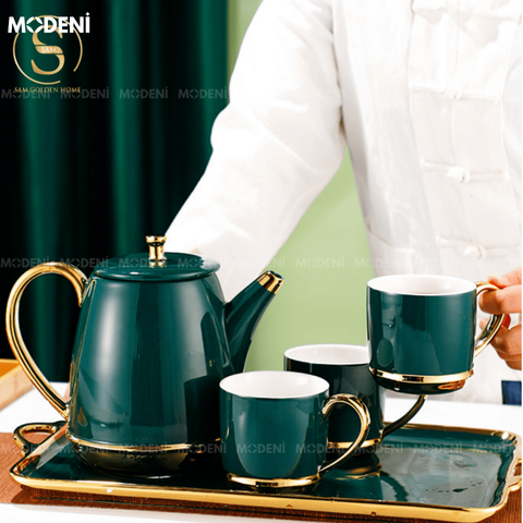  Bộ Ấm Trà Tobi Gốm Sứ Cao Cấp Kèm Khay Đựng Màu Xanh Emerald Sang Trọng Viền Vàng Phong Cách Châu Âu 