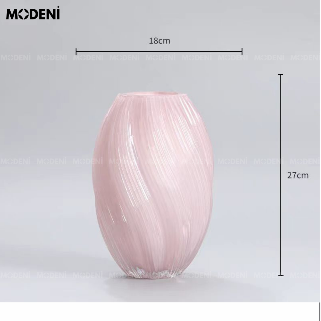 Bình Hoa Binky Thủy Tinh Pastel Hồng Nhạt Cao Cấp – Vân Lượn Mềm Như Sóng Gió Sớm | Decor Góc Chill Dịu Dàng & Tươi Sáng