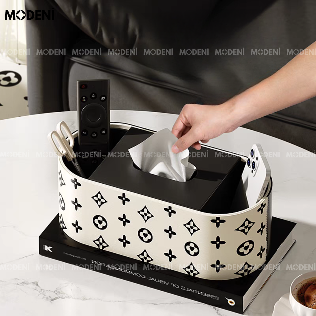 Hộp Khăn Giấy Modena Cao Cấp – Thiết Kế Hoạ Tiết Đen Trắng Thời Thượng – Đựng Khăn & Đồ Dùng Bàn Làm Việc, Sofa, Bàn Ăn Hiện Đại