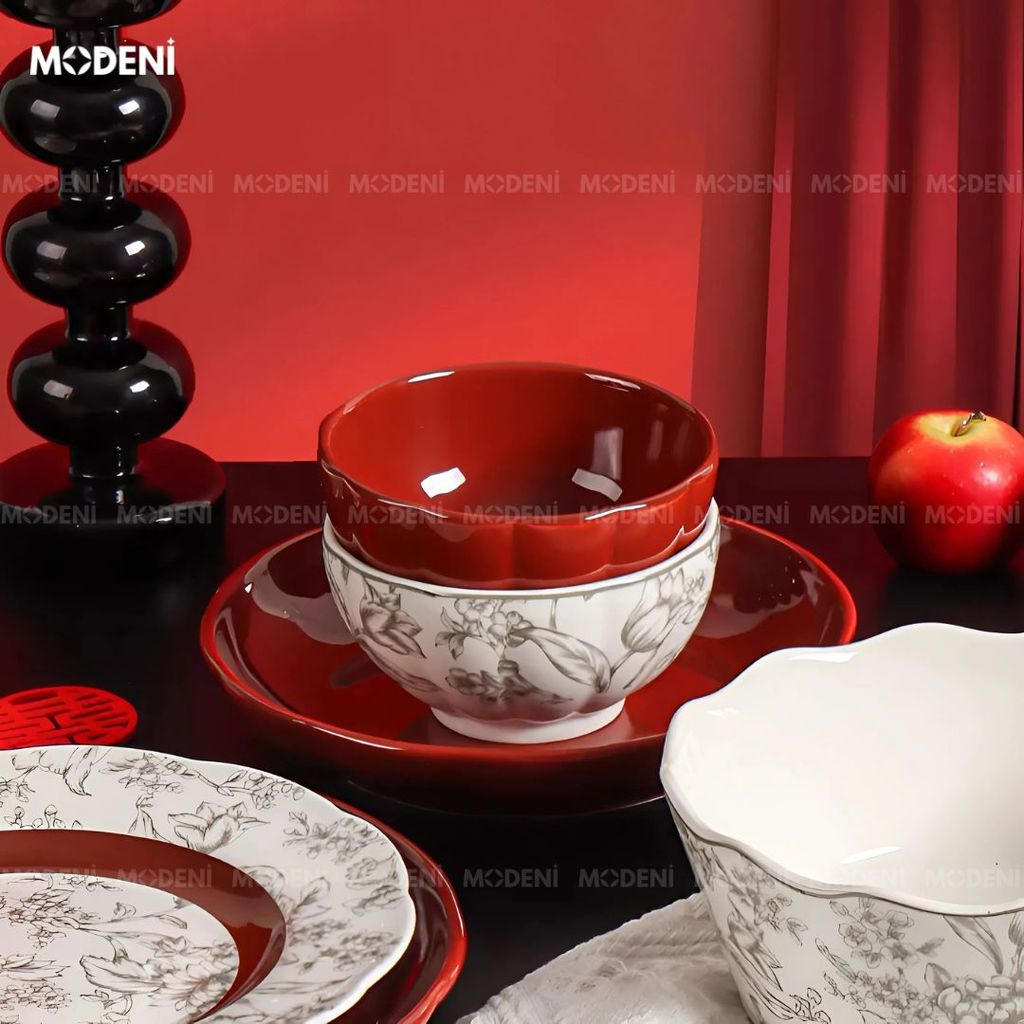 Bộ Chén Đĩa Briona Cao Cấp – Bát Đĩa Sang Trọng Phối Đỏ Rượu Vang – Phù Hợp Bàn Ăn Gia Đình Hiện Đại
