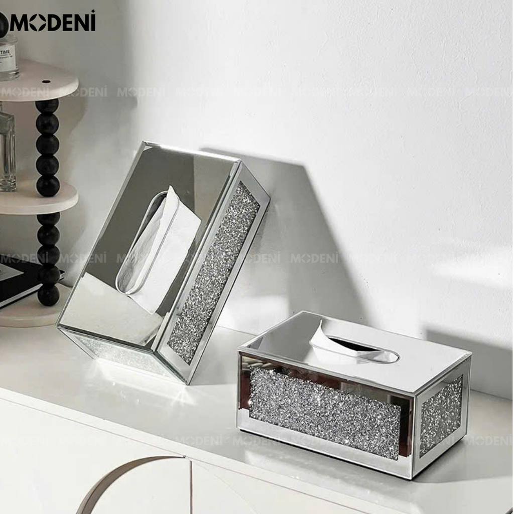 Hộp Khăn Giấy Glimma Cao Cấp – Gương Pha Lê Phối Hạt Nhũ Bạc – Thiết Kế Lấp Lánh Sang Trọng Cho Bàn Trang Điểm, Bàn Tiệc, Văn Phòng Hiện Đại