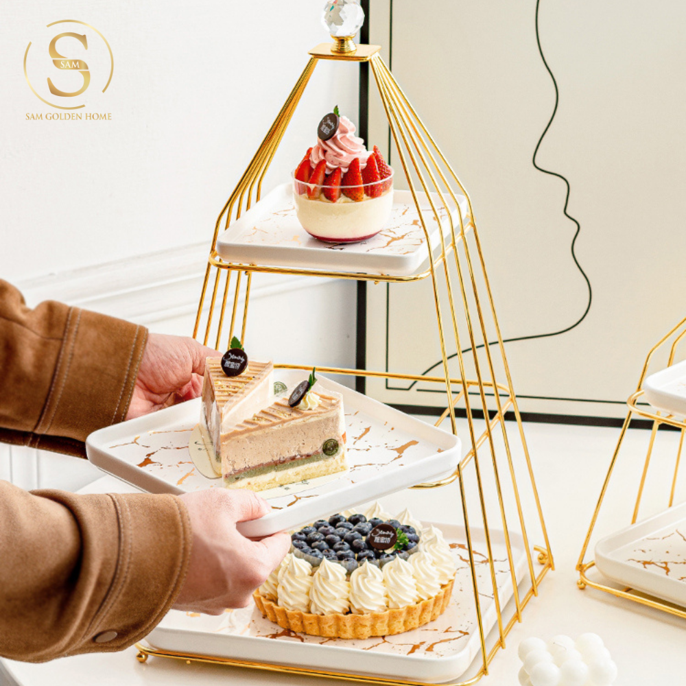 Khay 3 Tầng Bondine – Khung Vàng Đĩa Trắng Marble Sang Trọng, Decor Tiệc Trà Châu Âu