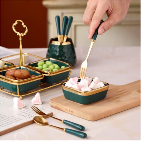  Lọ sứ đựng nĩa, xiên trái cây, muỗng cafe, thìa tráng miệng mạ vàng cao cấp phong cách bắc âu 