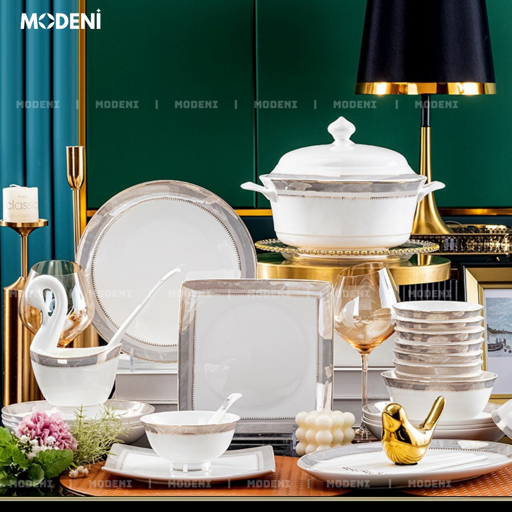 Bộ chén đĩa Sharon cao cấp – sứ trắng viền bạch kim – Dùng cho lò vi sóng, máy rửa chén – Phù hợp decor bàn ăn hiện đại, biệt thự sang trọng