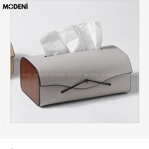 Hộp khăn giấy Elise Xám da PU cao cấp phối ốp giả gỗ đặt trên bàn làm việc phong cách Japandi.