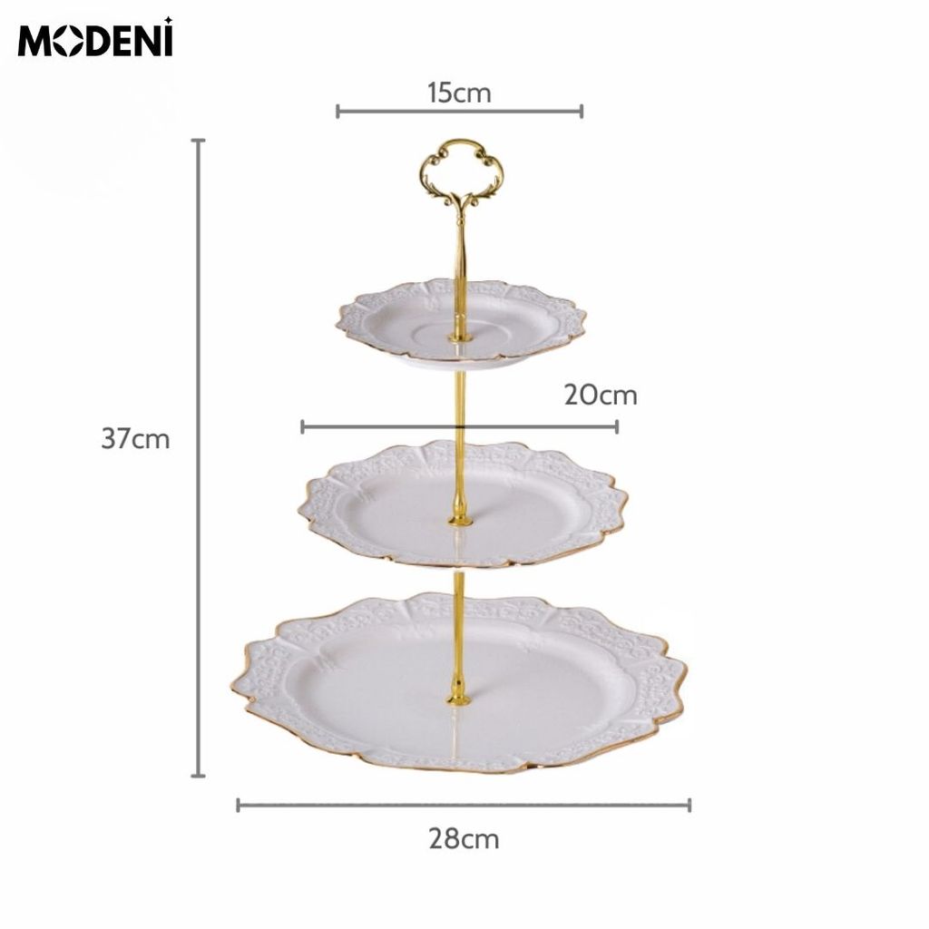 Khay 3 Tầng Alto Mạ Vàng Cao Cấp – Đĩa Sứ Trắng Viền Vàng Sang Trọng – Đựng Bánh Trái, Tráng Miệng Bàn Tiệc Hiện Đại