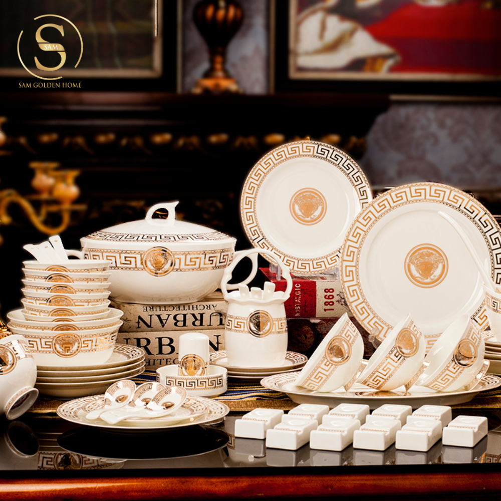 Bộ Tô Chén Đĩa V Luxury Sứ Xương Cao Cấp Viền Vàng Quà Tặng Tân Gia Sang Trọng