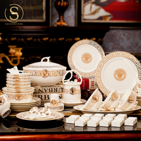  Bộ Tô Chén Đĩa V Luxury Sứ Xương Cao Cấp Viền Vàng Quà Tặng Tân Gia Sang Trọng 