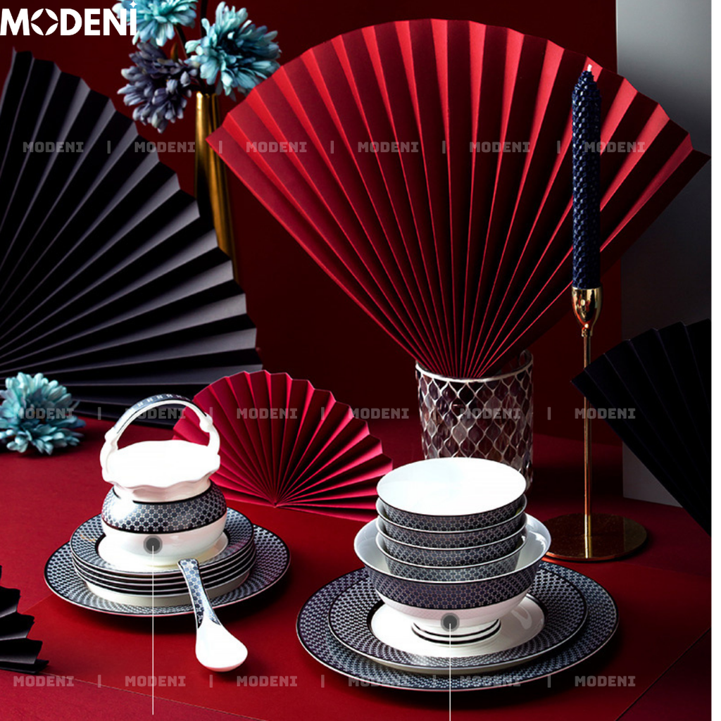 Bộ Chén Đĩa Sứ Xương Hailey Cao Cấp Viền Đen Họa Tiết Lưới Sang Trọng - Cho Bàn Ăn Hiện Đại & Tiếp Khách