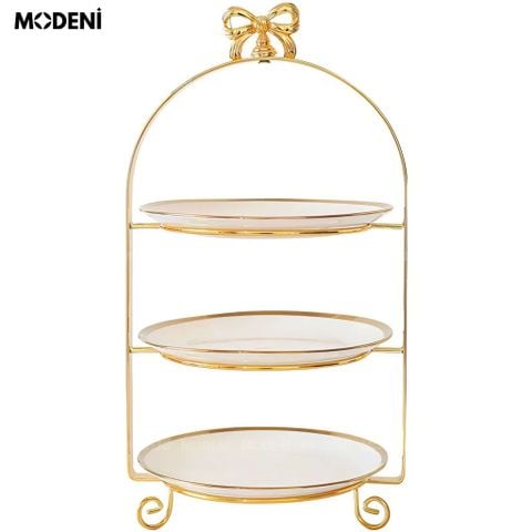 Khay đựng bánh 3 tầng Bowtie viền mạ vàng, đĩa sứ trắng sang trọng