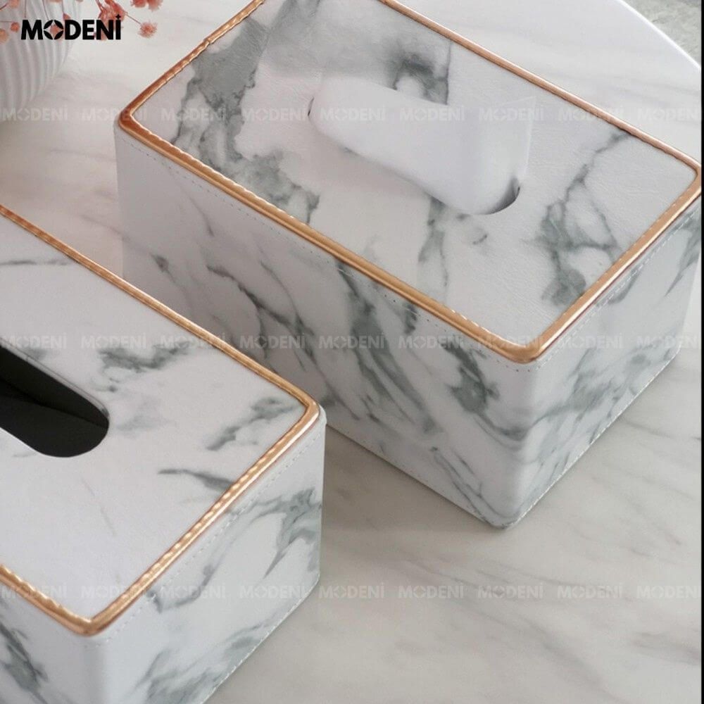 Hộp khăn giấy Sapi Trắng Vân Đá Da PU cao cấp hiện đại cho phòng khách và văn phòng Trọng