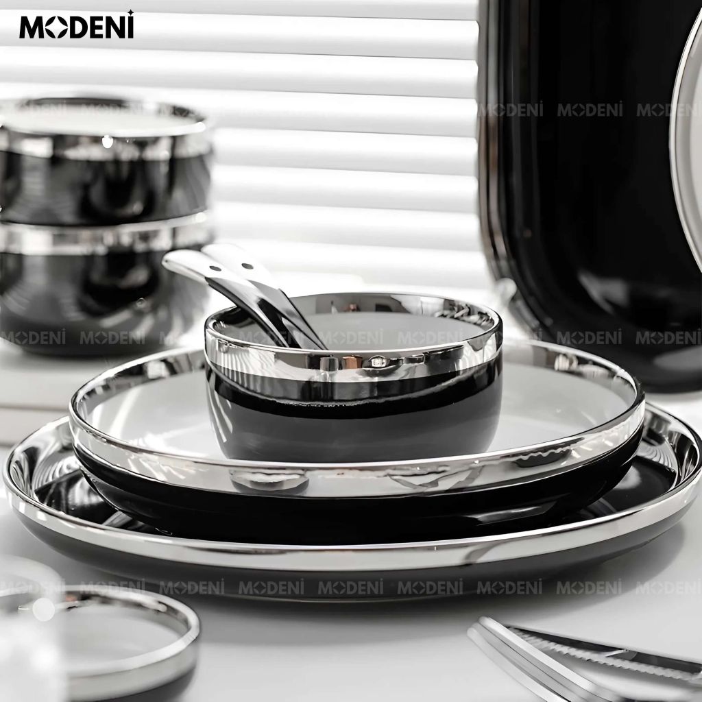 Bộ chén đĩa sứ Adelaide đen cao cấp – Men 3 lớp an toàn, decor đẳng cấp bàn ăn hiện đại