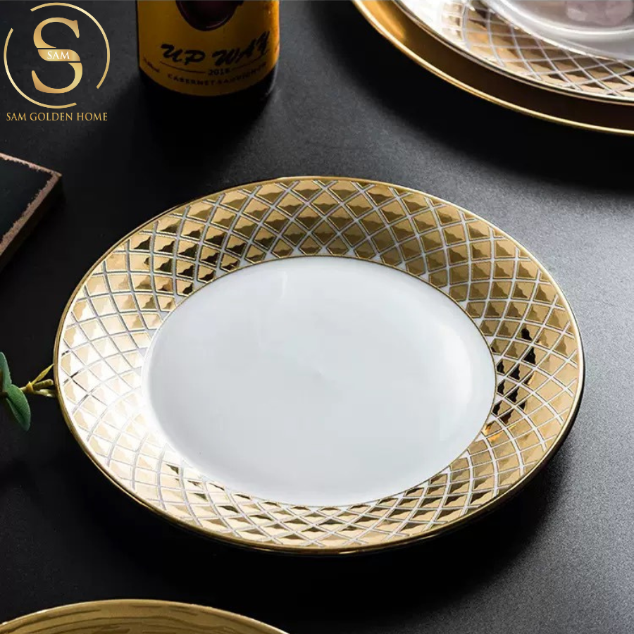 Đĩa Sứ Tráng Men Glatrix Viền Vàng Hoa Văn Diamond Châu Âu Sang Trọng