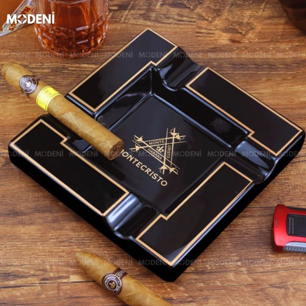 Gạt Tàn Esther – Gạt Tàn Xì Gà Sứ Cao Cấp Màu Đen Viền Vàng – Thiết Kế Vuông Sang Trọng 19.3cm Cho Phòng Khách, Quầy Bar