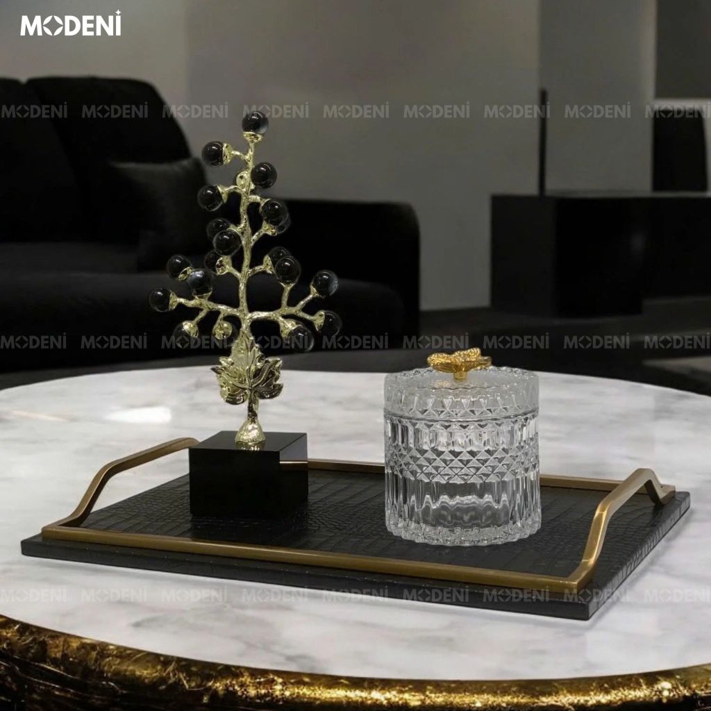 Khay Chữ Nhật Donald – Khay Decor Sang Trọng Tay Cầm Vàng – Da Đen Phủ Nhám – Trang Trí Bàn Sofa & Kệ Tủ Hiện Đại