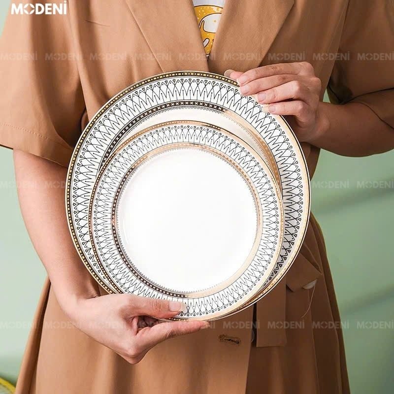 Bộ chén đĩa Aura sứ cao cấp 43 món – họa tiết viền vàng đen tinh xảo – dùng được lò vi sóng, bàn ăn hiện đại