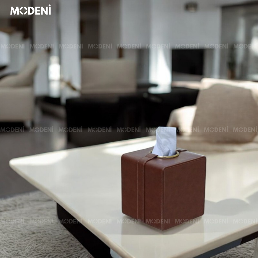 Hộp Khăn Giấy Carla Luxe Cao Cấp – Da Nâu Cổ Sang Trọng, Viền Ánh Vàng – Điểm Nhấn Bàn Trà Hiện Đại