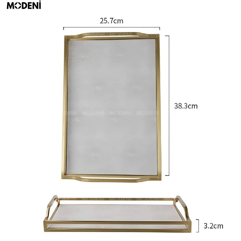 Khay Chữ Nhật Delilah – Khay Decor Bàn Sofa Sang Trọng – Khung Mạ Vàng + Mặt Vân Da Xám – Phù Hợp Không Gian Hiện Đại