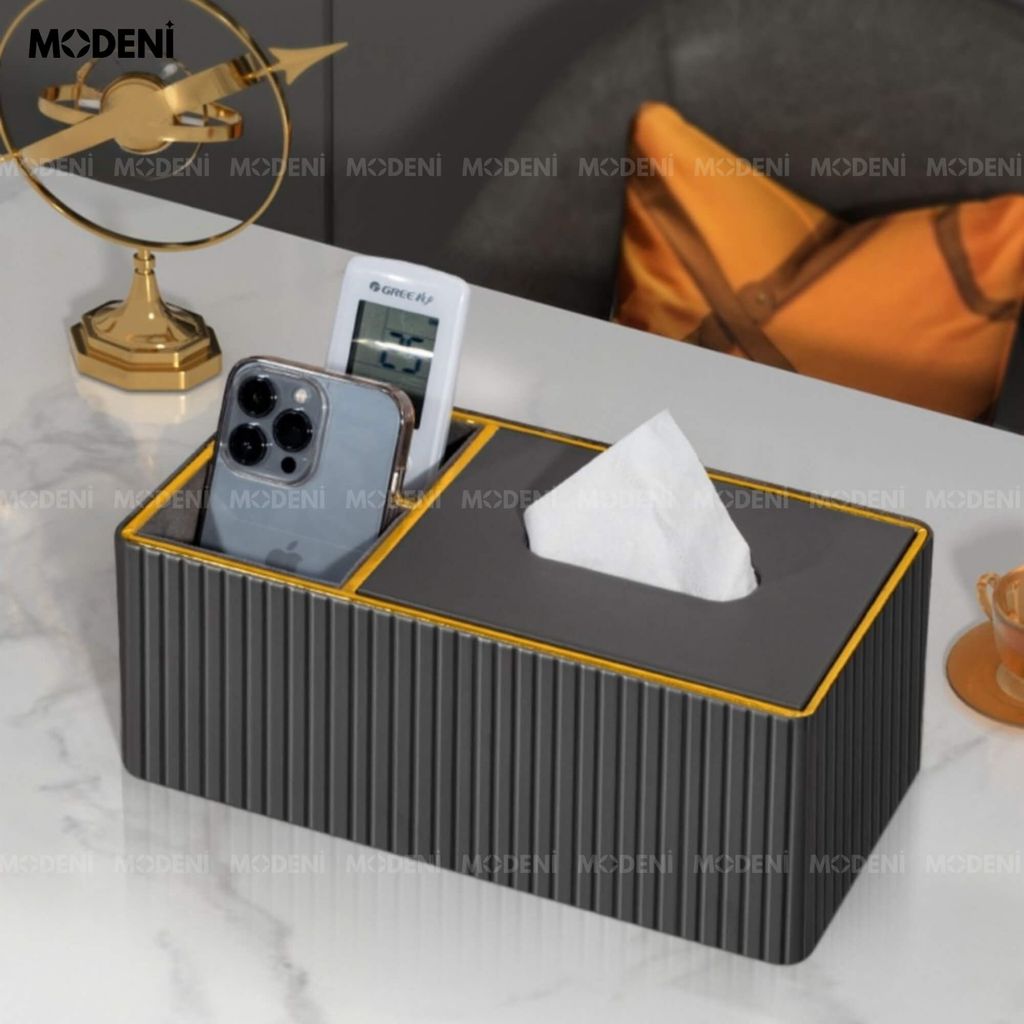 Hộp Khăn Giấy Donna Đen Cao Cấp – Tích Hợp Ngăn Đựng, Thiết Kế Sọc Dọc Sang Trọng Cho Bàn Sofa Hiện Đại