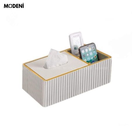 Hộp khăn giấy Donna Trắng da PU cao cấp vân sọc tinh tế đặt trên bàn phòng khách sáng trọng.