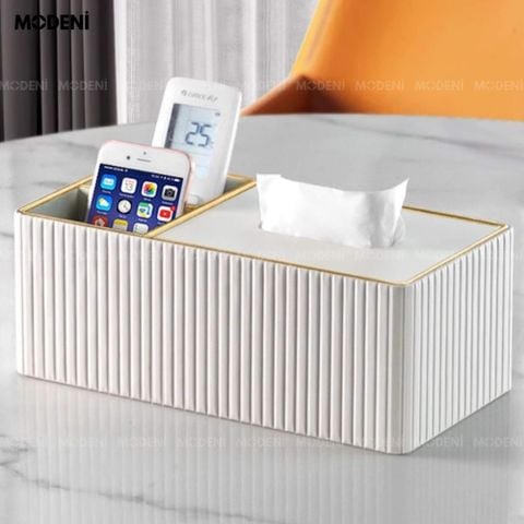 Hộp khăn giấy Donna Trắng da PU cao cấp vân sọc tinh tế đặt trên bàn phòng khách sáng trọng.