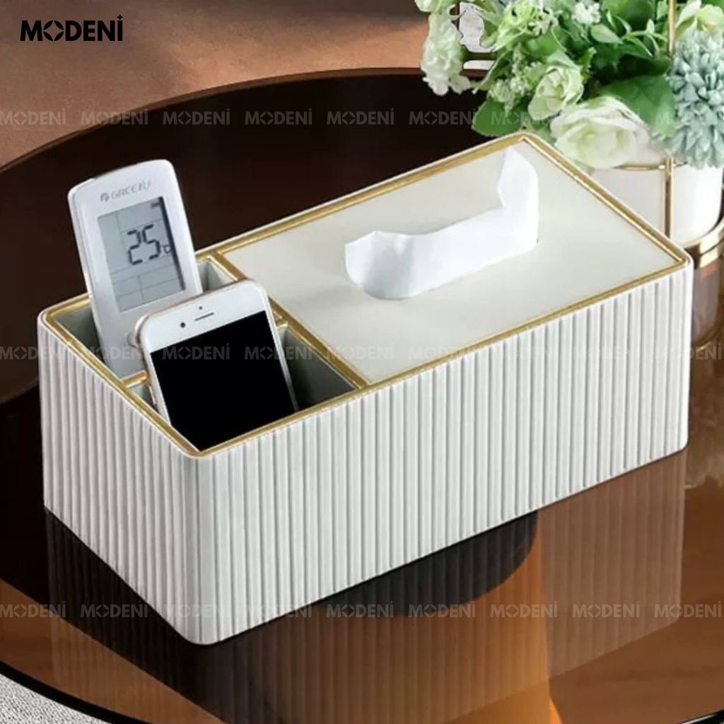 Hộp Khăn Giấy Donna Trắng Cao Cấp – Tích Hợp Ngăn Đựng, Thiết Kế Sọc Dọc Sang Trọng Cho Bàn Sofa Hiện Đại