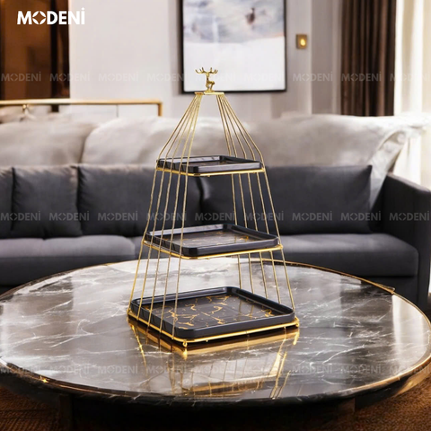  Khay 3 Tầng Đen Bondine – Khung Vàng Đĩa Đen Marble Sang Trọng, Decor Tiệc Trà Châu Âu 