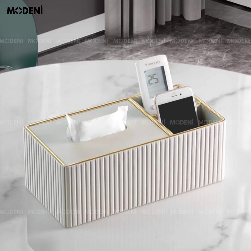 Hộp Khăn Giấy Donna Trắng Cao Cấp – Tích Hợp Ngăn Đựng, Thiết Kế Sọc Dọc Sang Trọng Cho Bàn Sofa Hiện Đại