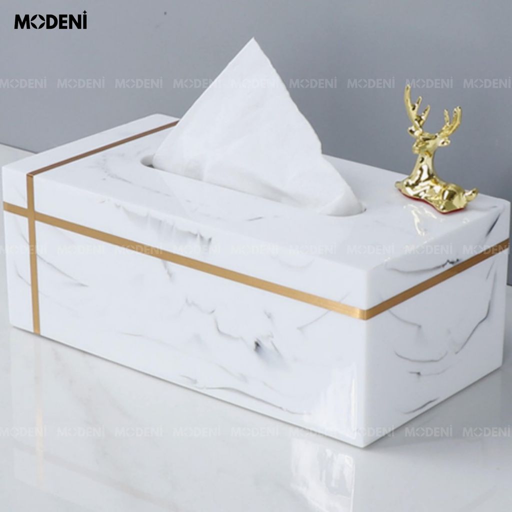 Hộp Khăn Giấy Stone Trắng Vân Đá – Nhựa Marble Cao Cấp, Viền Vàng Tối Giản Sang Trọng