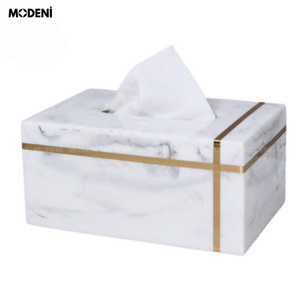 Hộp Khăn Giấy Stone Trắng Vân Đá – Nhựa Marble Cao Cấp, Viền Vàng Tối Giản Sang Trọng