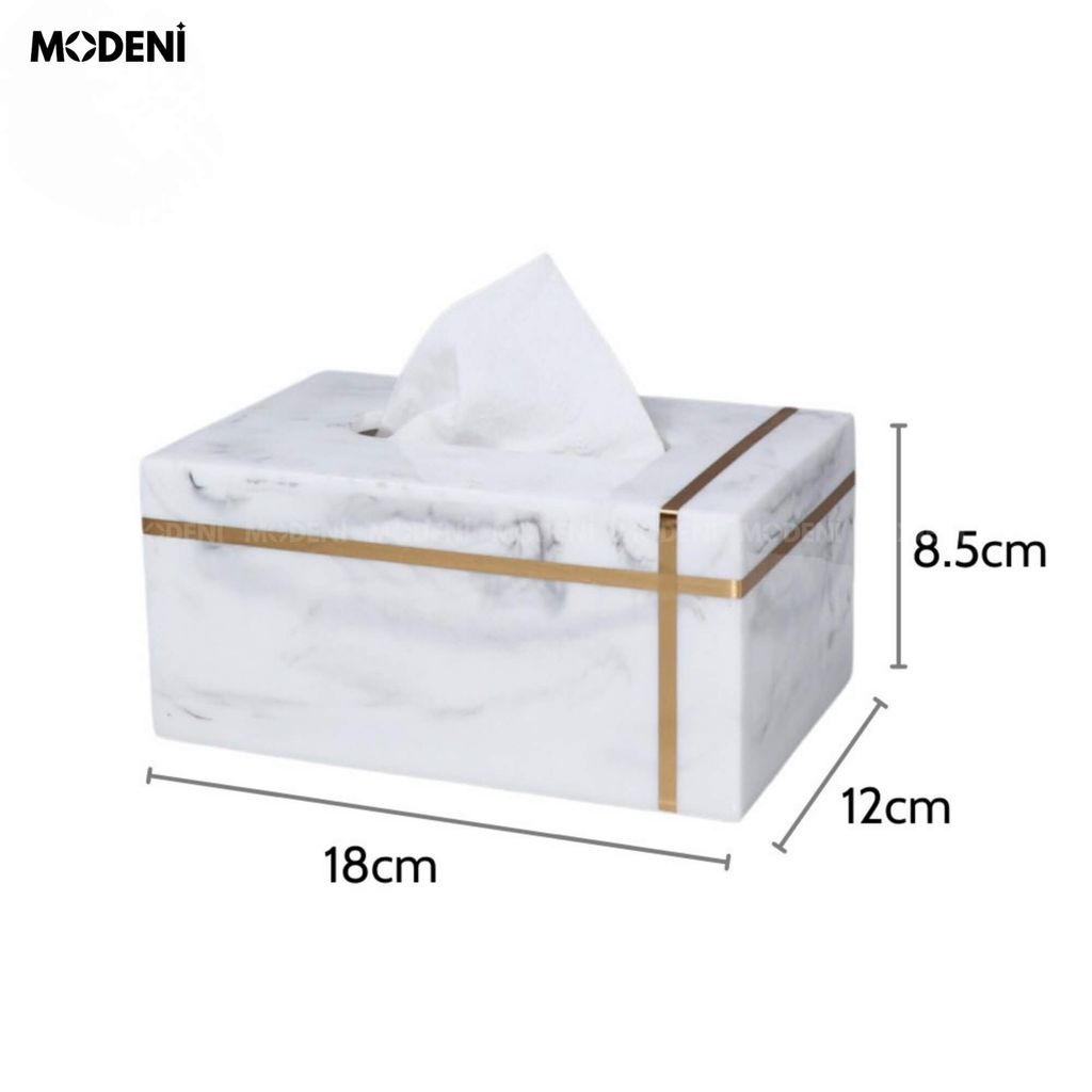 Hộp Khăn Giấy Stone Trắng Vân Đá – Nhựa Marble Cao Cấp, Viền Vàng Tối Giản Sang Trọng