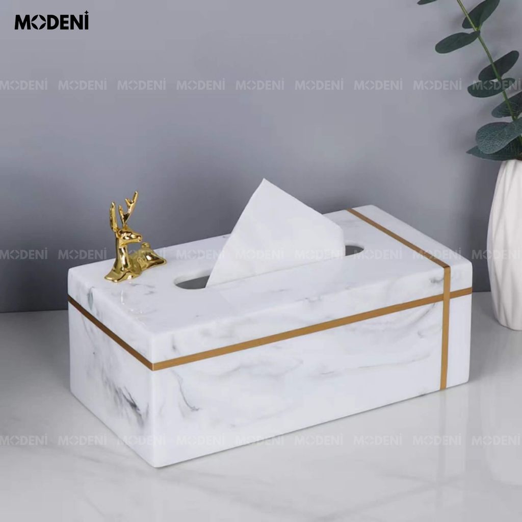 Hộp Khăn Giấy Stone Trắng Vân Đá – Nhựa Marble Cao Cấp, Viền Vàng Tối Giản Sang Trọng