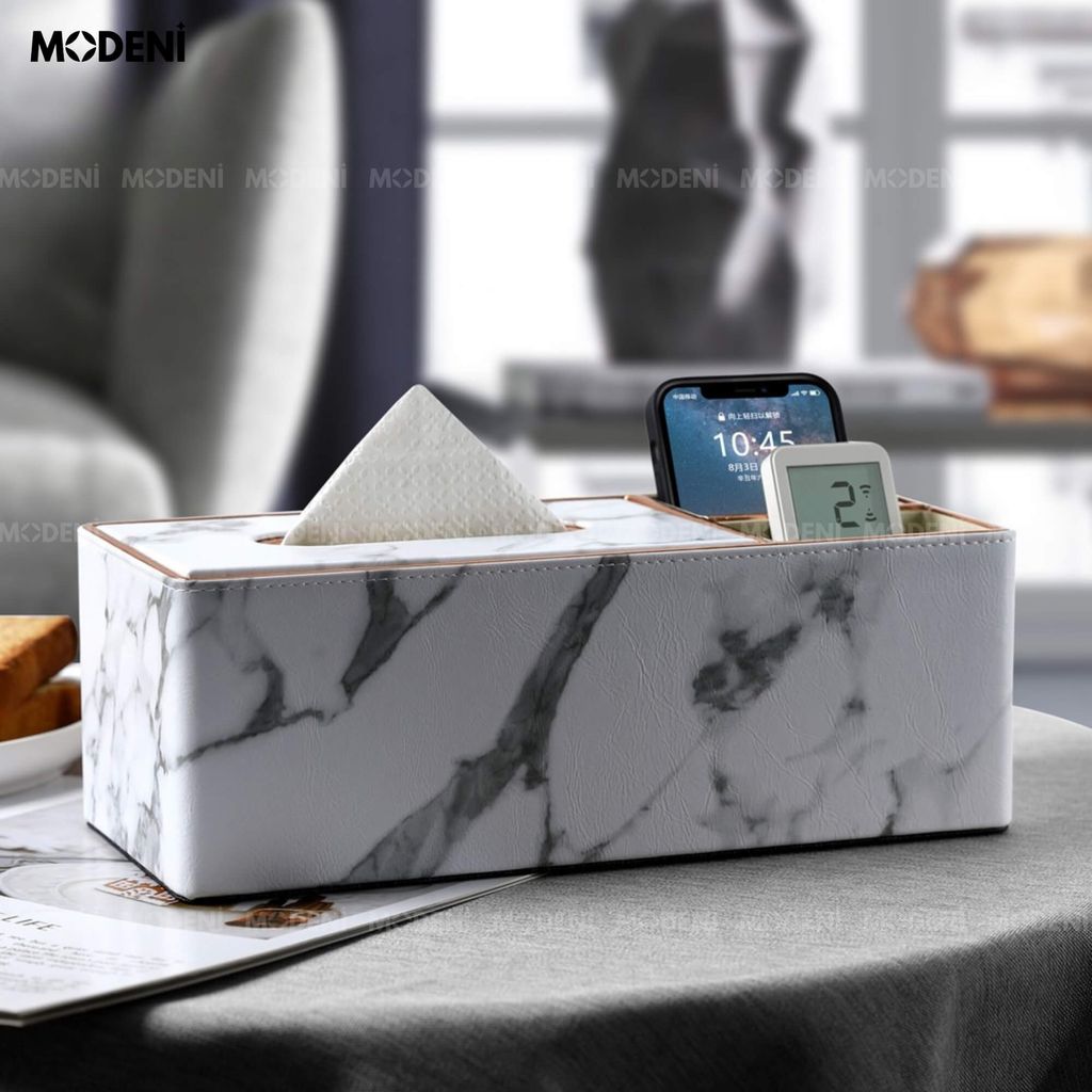 Hộp Khăn Giấy Sapi Trắng Vân Đá Chứ Nhật – Có Ngăn Đựng Đa Năng, Thiết Kế Châu Âu Tối Giản Sang Trọng