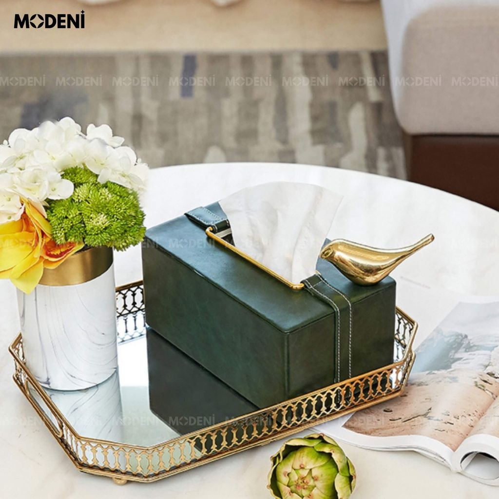 Hộp khăn giấy Corel Da Xanh Rêu Viền Vàng giả da cao cấp sang trọng cho văn phòng và phòng ngủ